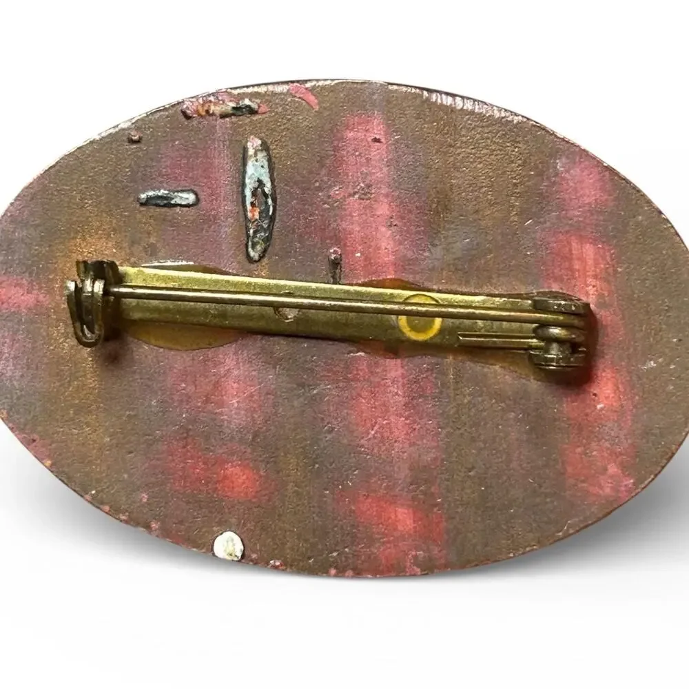 Mid Century Enamel on Copper Rose Brooch 1950s Cottage Core Floral Oval Pin